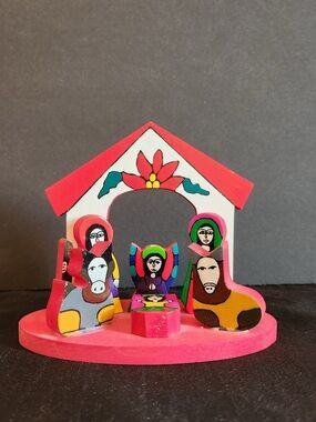 Hand Painted La Palma Wood Nativity El Salvador Bright Colors Fair Trade